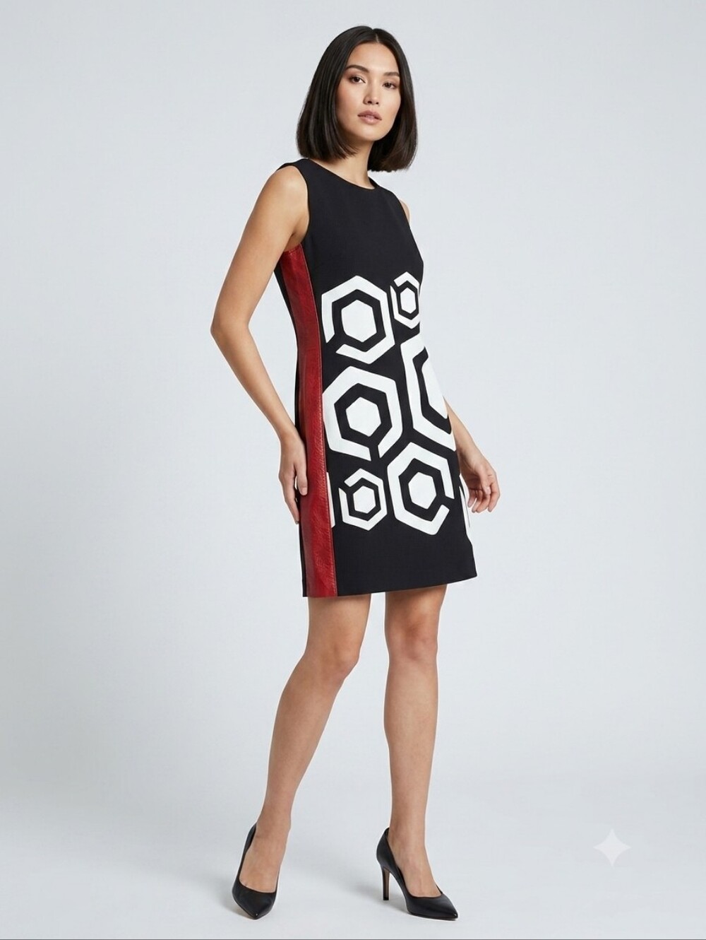 Cristina Gavioli Geometric Shift Dress Black Red Faux Leather Made in Italy 12